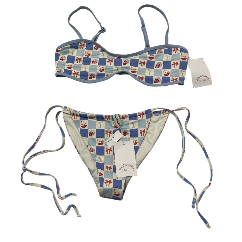 NWT Daisy Blue and Cream Checkered Bikini Set with Red Accents